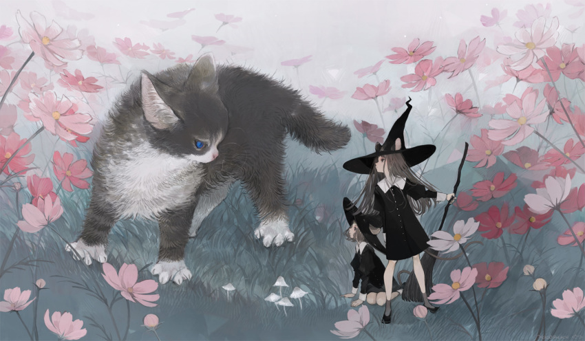 2girls animal animal_ears black_dress black_headwear broom brown_hair cat commentary cosmos_(flower) dress ears_through_headwear english_commentary flower grass hat holding holding_broom juliet_sleeves long_hair long_sleeves looking_at_another minigirl mouse_ears mouse_girl mouse_tail multiple_girls mushroom nekosuke_(oxo) original outdoors pink_flower puffy_sleeves shoes short_hair sitting socks standing tail witch_hat