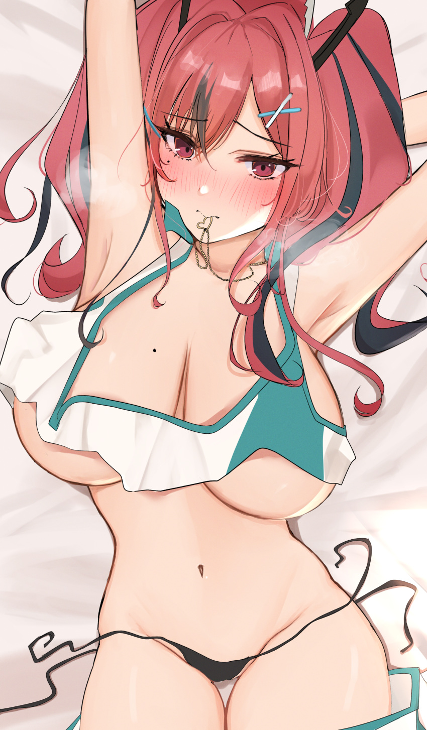 1girl absurdres arm_up armpits azur_lane bed_sheet black_panties blush bow breasts bremerton_(azur_lane) bremerton_(scorching-hot_training)_(azur_lane) commentary_request crop_top crop_top_overhang eyelashes from_above green_hair groin hair_between_eyes hair_bow hair_ornament heart heart_necklace heavy_breathing highres huge_breasts large_breasts lying mole mole_on_breast mole_under_eye multicolored_hair navel nose_blush oji_fuguri on_back panties pink_eyes pink_hair shirt side-tie_panties sleeveless sleeveless_shirt solo sportswear streaked_hair tennis_uniform thigh_gap tsurime twintails two-tone_shirt underboob underwear untied untied_panties white_shirt