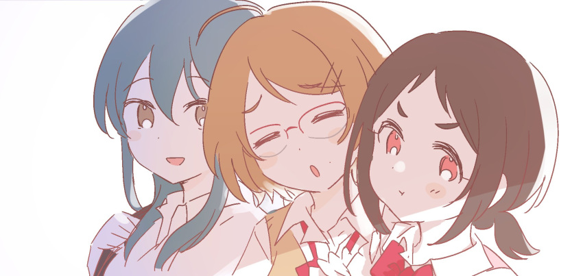 bad_source blue_hair blush blush_stickers bonn brown_hair glasses highres idolmaster idolmaster_cinderella_girls looking_at_viewer multiple_girls muramatsu_sakura new_wave_(idolmaster) ooishi_izumi pout tsuchiya_ako