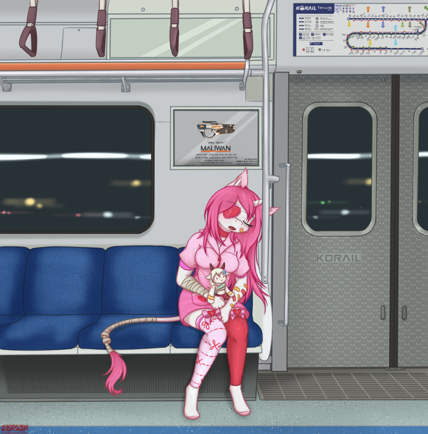 absurd_res anthro bandage clothing equid eye_patch eyewear fan_character female fur hair hi_res horn korean korean_text legwear mammal my_little_pony night orang111 pink_clothing pink_hair plushie rapid_transit seoul sitting sleeping solo subway text thigh_highs unicorn white_body white_fur