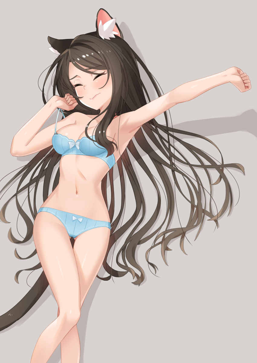 1girl absurdres animal_ear_fluff animal_ears armpits ass_visible_through_thighs bangs black_hair blue_bra blue_panties blush bra breasts cat_ears cat_tail closed_eyes eyebrows_visible_through_hair facing_viewer grey_background highres long_hair navel nekoze_(s22834712) original outstretched_arm panties simple_background small_breasts solo stretch tail underwear