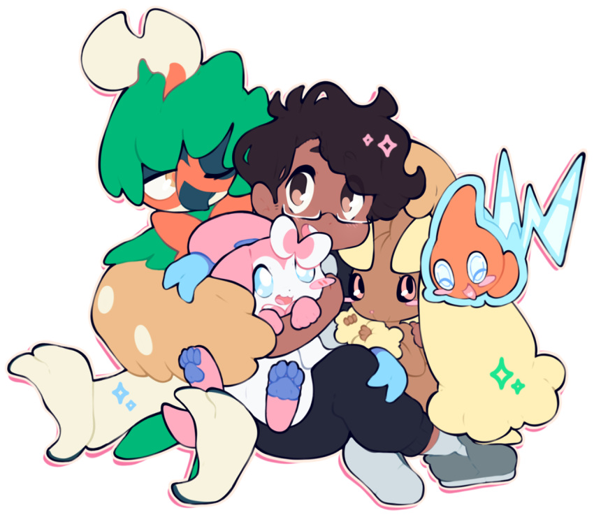 brown_hair commentary commission creature decidueye english_commentary frightfest gen_4_pokemon glasses holding holding_pokemon lopunny on_lap pokemon pokemon_(creature) pokemon_on_lap rotom rotom_(normal) sitting sylveon transparent_background