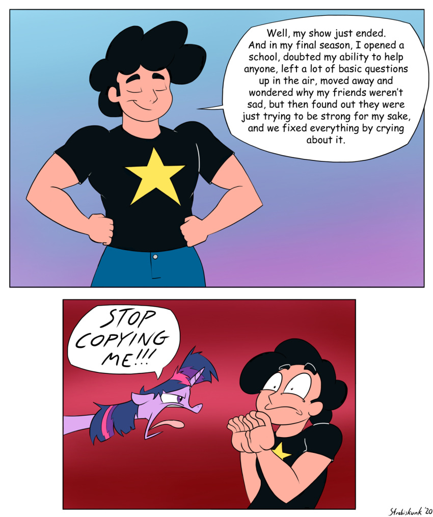 cartoon_network comic dialogue english_text equid female friendship_is_magic hands_on_hips hi_res horn human long_neck male mammal my_little_pony plagiarism steven_quartz_universe steven_universe strebiskunk text twilight_sparkle_(mlp) unicorn