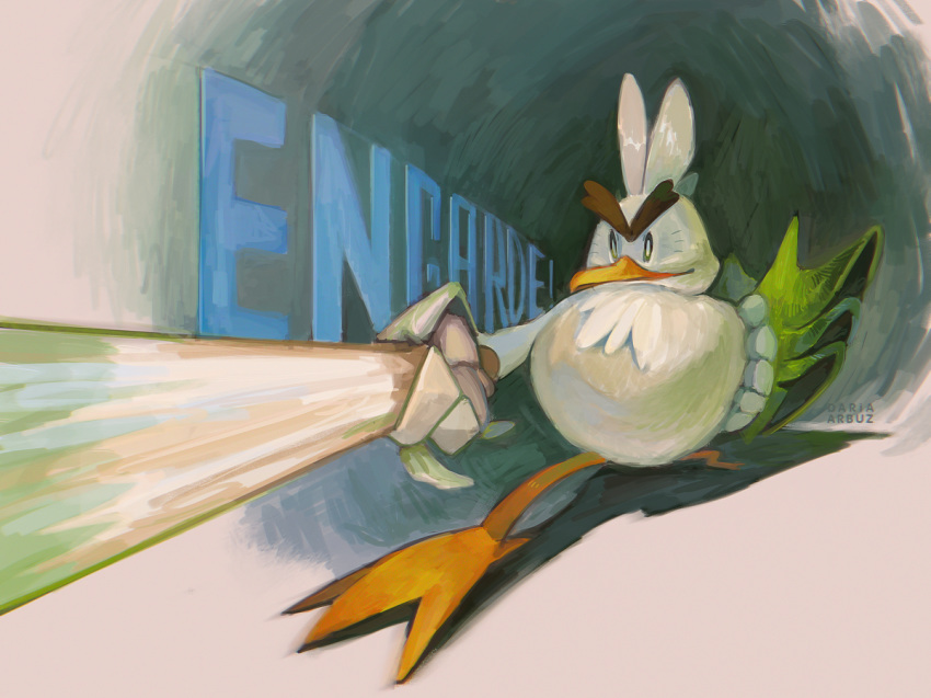 ambiguous_gender avian beak bird daria_arbuz digital_media_(artwork) eyebrows feather_tuft feathers food french_text holding_object holding_weapon leek nintendo onion plant pok&eacute;mon pok&eacute;mon_(species) simple_background sirfetch'd solo text tuft vegetable video_games weapon white_body white_feathers