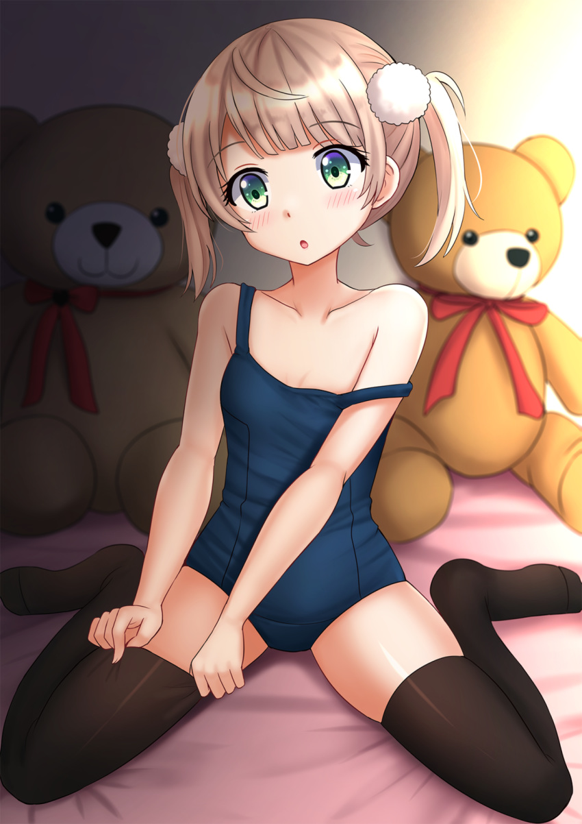 1girl :o bangs bare_arms bare_shoulders bed_sheet black_legwear blue_swimsuit blush breasts collarbone commentary eyebrows_visible_through_hair green_eyes hair_ornament highres kazenokaze light_brown_hair no_shoes one-piece_swimsuit parted_lips shigure_ui_(channel) shigure_ui_(vtuber) short_hair sitting skindentation small_breasts solo strap_slip stuffed_animal stuffed_toy swimsuit teddy_bear thighhighs twintails virtual_youtuber wariza