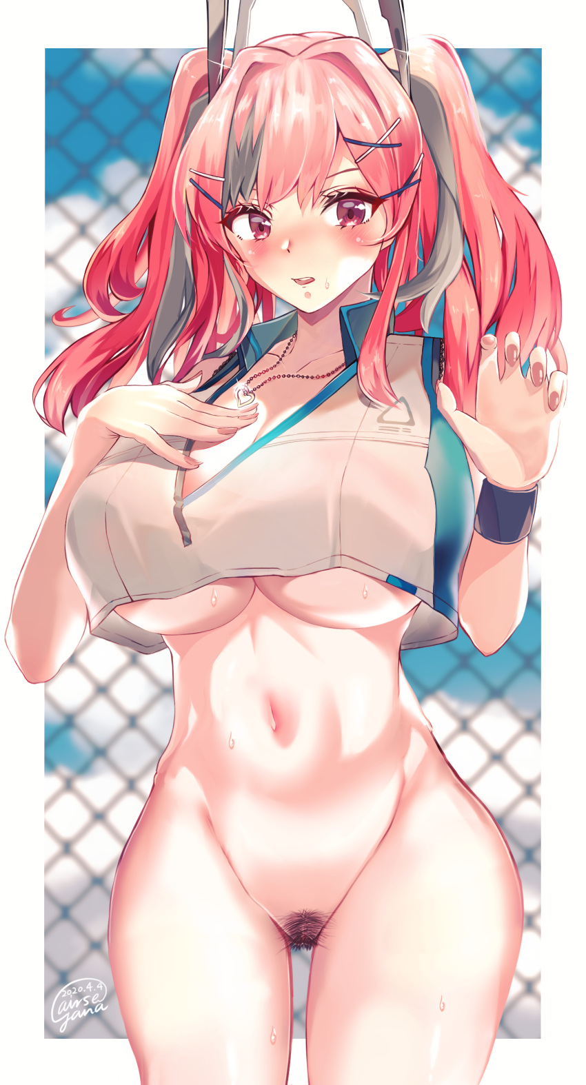 1girl absurdres arms_up azur_lane bangs black_pubic_hair blue_sky blush breasts bremerton_(azur_lane) bremerton_(scorching-hot_training)_(azur_lane) chain-link_fence cloud crop_top crop_top_overhang ease_yana_(airse_yana) eyebrows_visible_through_hair fence grey_hair hair_between_eyes hair_ornament hairclip heart heart_necklace highres jewelry large_breasts long_hair looking_at_viewer midriff multicolored_hair navel necklace no_pants red_eyes red_hair shirt sky sleeveless sleeveless_shirt sportswear streaked_hair sweat sweatdrop tennis_uniform twintails two-tone_shirt x_hair_ornament
