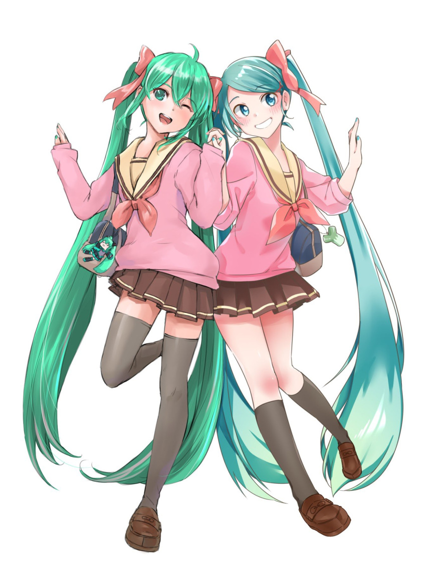 2girls agonasubi ahoge aqua_eyes aqua_hair aqua_nails bag black_legwear blush brown_skirt character_doll collaboration collar commentary dual_persona full_body grin hands_up hatsune_miku highres holding_hands kneehighs leg_up looking_at_viewer mary_janes matching_outfit mayo_riyo miniskirt multiple_girls neckerchief one_eye_closed open_mouth pink_shirt pleated_skirt red_neckwear sailor_collar school_uniform serafuku shirt shoes shoulder_bag side-by-side skirt smile spring_onion thighhighs vocaloid white_background white_collar