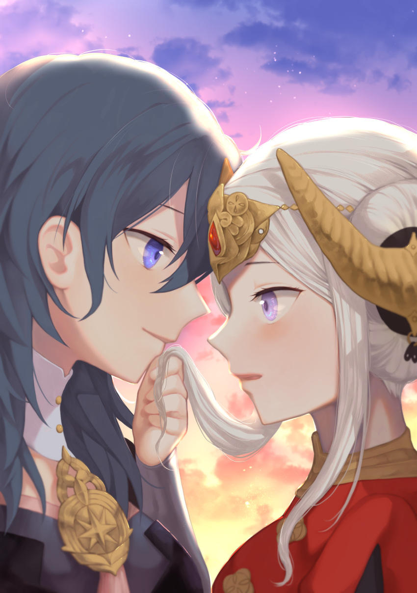 2girls black_hair blue_eyes blush byleth_(fire_emblem) byleth_(fire_emblem)_(female) closed_mouth cloud edelgard_von_hresvelg fire_emblem fire_emblem:_three_houses from_side fukuroumori gradient_sky headpiece highres holding_another's_hair horns long_hair looking_at_another multiple_girls outdoors parted_lips profile purple_eyes short_hair_with_long_locks sidelocks silver_hair sky smile star_(sky) upper_body yuri