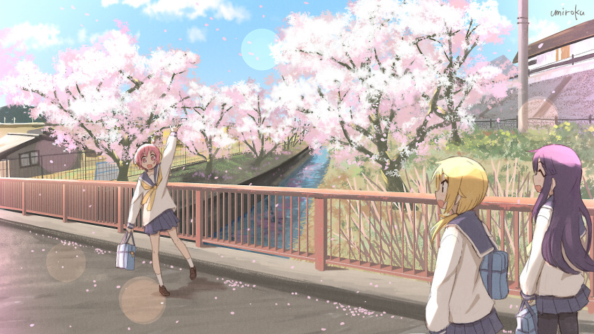 3girls :d ^_^ arm_up bag bangs blonde_hair blue_sailor_collar blue_skirt blue_sky brown_footwear cherry_blossoms closed_eyes cloud commentary day eyebrows_visible_through_hair fence flower highres hinata_yukari holding holding_bag house ichii_yui loafers long_hair multiple_girls nonohara_yuzuko open_mouth outdoors pink_flower pink_hair pleated_skirt profile purple_hair railing red_eyes river sailor_collar school_bag school_uniform serafuku shirt shoes skirt sky smile socks standing standing_on_one_leg tree umiroku water white_legwear white_shirt yellow_neckwear yuyushiki