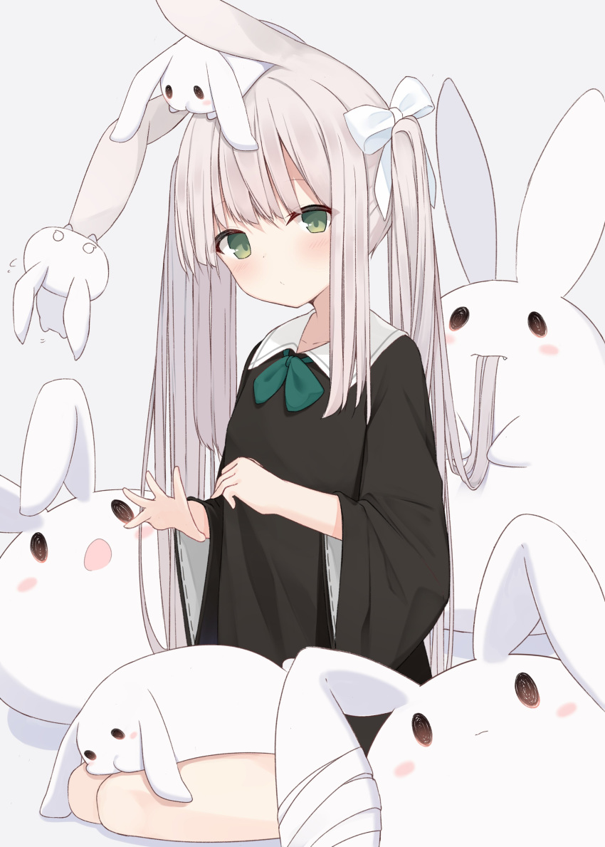 1girl absurdres animal animal_ears animal_on_head black_dress bow brown_eyes bunny bunny_ears closed_mouth collared_dress commentary_request dress eating_hair green_bow green_eyes grey_background grey_hair hair_bow highres long_hair long_sleeves looking_at_viewer mm2k on_head open_mouth original sitting solo twintails very_long_hair white_bow wide_sleeves