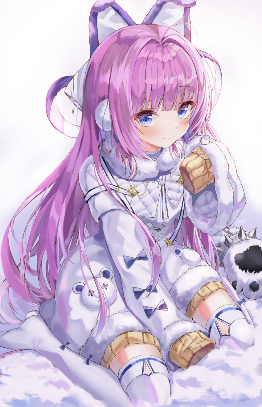 1girl absurdres animal_ears azur_lane bangs blue_eyes blush bow brown_sweater coat commentary_request dress earmuffs eyebrows_visible_through_hair fake_animal_ears fur-trimmed_coat fur_trim gloves hair_intakes hair_ornament hair_ribbon hand_up highres long_hair long_sleeves looking_at_viewer lotpi no_shoes paw_gloves paws pom_pom_(clothes) purple_hair ribbon sidelocks sitting sleeves_past_fingers sleeves_past_wrists smile snow solo spikes sweater sweater_dress tashkent_(azur_lane) thighhighs wariza white_background white_bow white_coat white_legwear wide_sleeves winter_clothes winter_coat