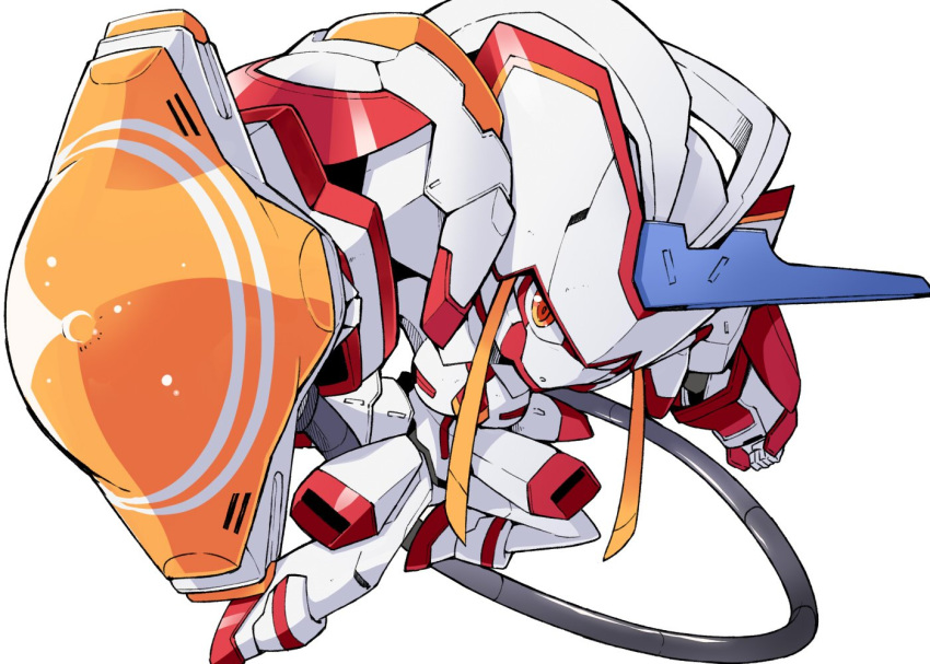 bibi cable chibi clenched_hand darling_in_the_franxx fighting_stance foreshortening horn lance mecha mecha_musume polearm red_eyes robot strelizia weapon