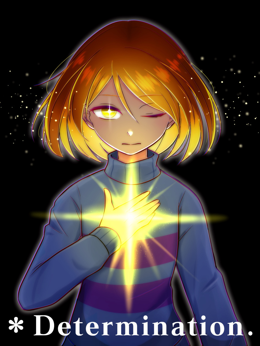 1other bangs black_background brown_hair commentary english_text eyebrows_visible_through_hair frisk_(undertale) glowing glowing_eye hand_on_own_chest highres light looking_at_viewer one_eye_closed short_hair solo striped striped_sweater sweater undertale upper_body yellow_eyes yuupontan.