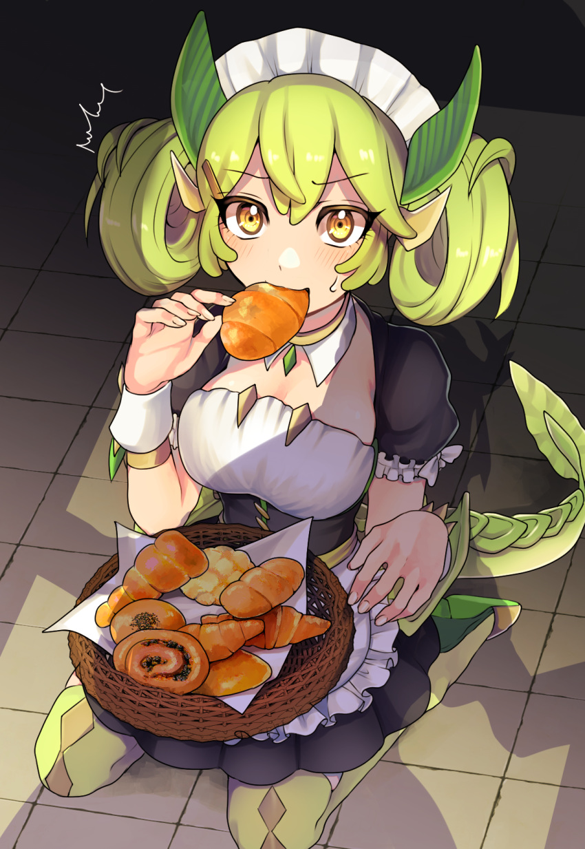 /\/\/\ 2girls animal_ears apron bangs black_dress blush bread breasts brown_choker caught choker cleavage_cutout commentary_request detached_collar dragon_ears dragon_girl dragon_horns dragon_tail dragonmaid_parla dragonmaid_tillroo dress duel_monster eyebrows_visible_through_hair food food_in_mouth frilled_apron frilled_sleeves frills full_body green_footwear green_hair green_legwear green_sash hair_between_eyes hair_ornament hair_rings hairclip hand_up highres horns lace-trimmed_apron looking_at_viewer maid maid_apron maid_dress maid_headdress multiple_girls popon_ta_(npopo) puffy_short_sleeves puffy_sleeves seiza shadow short_sleeves sidelocks sitting solo_focus surprised sweatdrop tail thighhighs tile_floor tiles tissue tray wrist_cuffs yellow_eyes yellow_horns yuu-gi-ou zettai_ryouiki