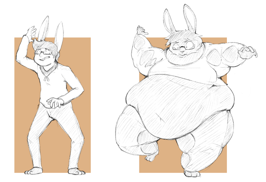 anthro belly belly_overhang buckteeth clothed clothing eyewear fur glasses hair human human_to_anthro lagomorph leporid love_handles male mammal moobs navel obese obese_male on_one_leg overweight overweight_male rabbit sequence solo species_transformation standing subakitsu teeth thick_thighs torn_clothing transformation weight_gain worried