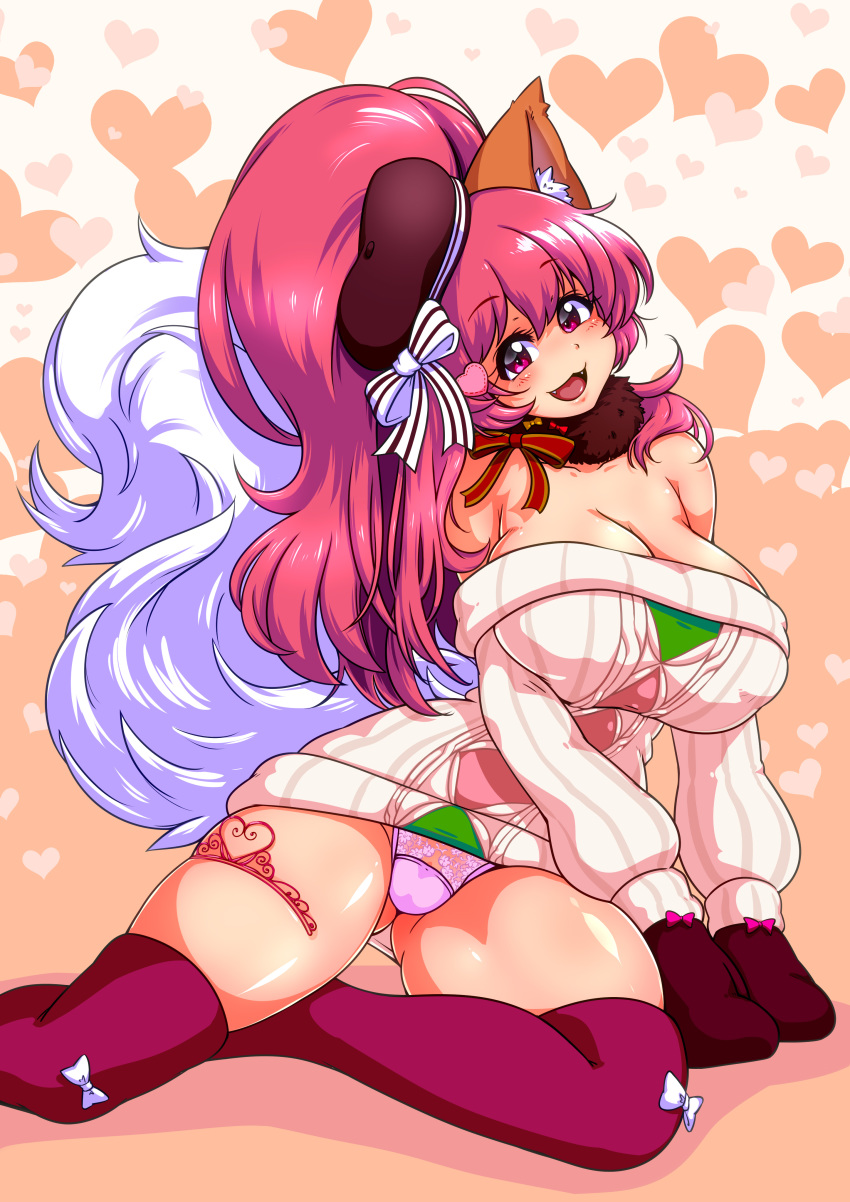1girl :d absurdres animal_ears blush breasts cat_ears cat_tail curvy gloves heart highres huge_breasts long_hair looking_at_viewer off-shoulder_sweater off_shoulder open_mouth panties perisie_(star_ocean) pink_hair pink_panties plump ponytail red_eyes ribbed_sweater ryoi smile solo star_ocean star_ocean_anamnesis sweater tail underwear