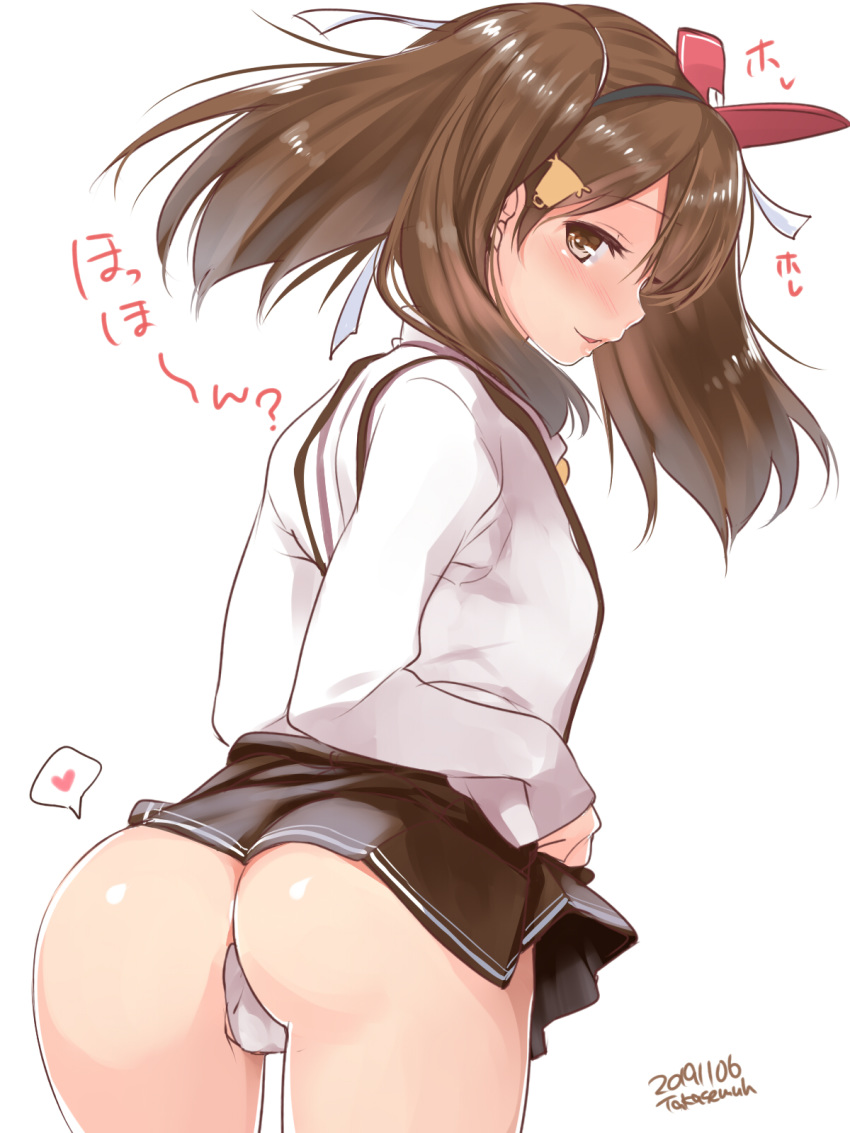 1girl ass blush brown_eyes brown_hair hat highres kantai_collection lifted_by_self long_hair looking_at_viewer microskirt open_mouth panties pleated_skirt ryuujou_(kantai_collection) shirt simple_background skirt skirt_lift smile solo suspender_skirt suspenders takase_muu translation_request twintails underwear visor_cap white_background white_panties white_shirt