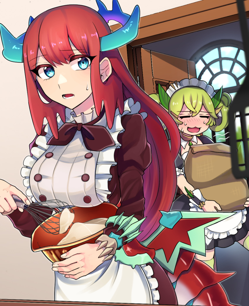 2girls :3 =_= apron bangs batter black_dress blue_eyes blue_horns blush bowl breasts brown_choker buttons choker collar commentary_request detached_collar door dragon_girl dragon_horns dragon_tail dragon_wings dragonmaid_parla dragonmaid_tillroo dress duel_monster eyebrows_visible_through_hair frilled_apron frilled_collar frilled_sleeves frills green_hair green_legwear hair_between_eyes hair_rings highres holding holding_bowl holding_sack holding_whisk horns indoors lace-trimmed_apron large_breasts long_hair long_sleeves looking_at_viewer lower_teeth maid maid_apron maid_dress maid_headdress mixing mixing_bowl motion_lines multiple_girls nose_blush open_door open_mouth popon_ta_(npopo) puffy_long_sleeves puffy_short_sleeves puffy_sleeves red_dress red_hair red_neckwear sack short_sleeves sidelocks spatula standing sweatdrop tail thighhighs upper_body whisk window wings wrist_cuffs yellow_horns yuu-gi-ou zettai_ryouiki |d