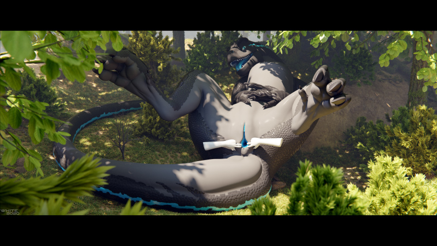 3d_(artwork) absurd_res allosaurid allosaurus ambiguous_gender anus arceronth blue_pussy claws clitoris detailed detailed_background detailed_scales digital_media_(artwork) dinosaur disembodied_hand duo faceless_ambiguous faceless_character female feral forest genitals grass grey_body hi_res leaf looking_at_viewer lying on_back open_mouth paws pussy reptile scales scalie solo spreading teeth theropod tongue tree whiteperson ziina
