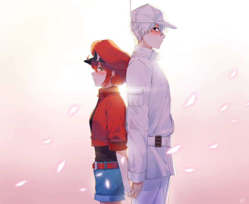 1boy 1girl absurdres back-to-back belt black_eyes blue_shrimp blush brown_eyes closed_mouth denim denim_shorts embarrassed eyebrows_visible_through_hair hat hataraku_saibou highres holding_hands long_sleeves looking_at_another messy_hair red_belt red_blood_cell_(hataraku_saibou) red_hair red_headwear short_hair short_sleeves shorts white_belt white_blood_cell_(hataraku_saibou) white_hair white_headwear