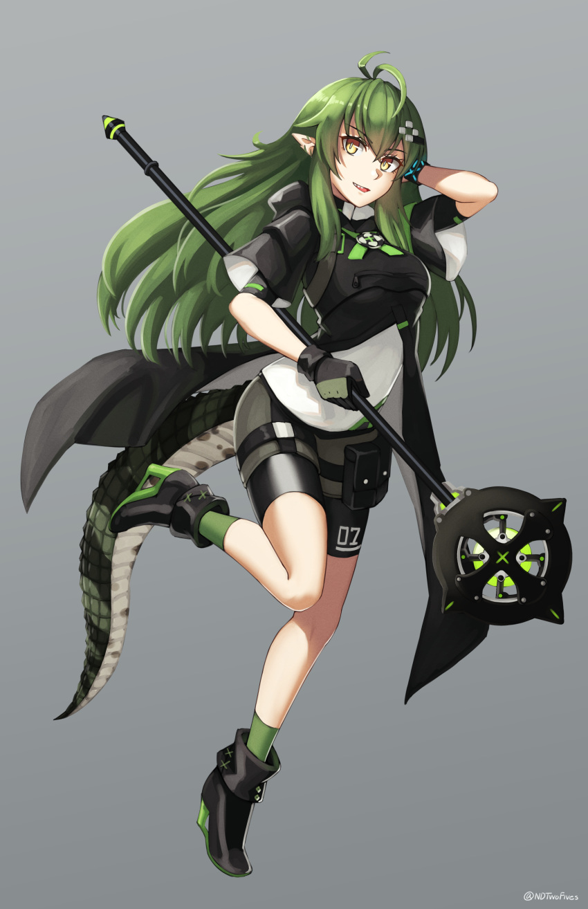 1girl absurdres ahoge arknights bangs black_footwear black_jacket black_shirt black_shorts boots brown_eyes commentary_request crocodile_tail cropped_jacket eyebrows_visible_through_hair gavial_(arknights) green_hair green_legwear grey_background hair_between_eyes hand_behind_head hand_up high_heel_boots high_heels highres holding holding_staff hood hood_down hooded_jacket jacket long_hair looking_at_viewer ndtwofives parted_lips pointy_ears sharp_teeth shirt short_shorts short_sleeves shorts simple_background socks solo staff standing standing_on_one_leg teeth twitter_username very_long_hair white_shirt