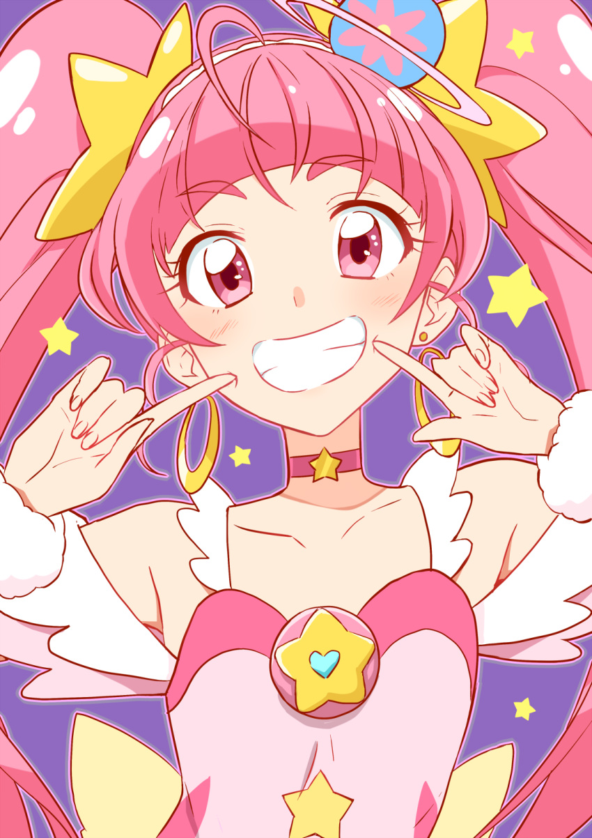 1girl ahoge bangs blunt_bangs bow cheek_poking choker collarbone cure_star dress earrings eyebrows_visible_through_hair fingernails flat_chest grin hair_ornament highres hoshina_hikaru jewelry long_hair looking_at_viewer magical_girl pink_dress pink_eyes pink_hair pink_neckwear pink_theme planet_hair_ornament poking poking_self precure purple_background shiny shiny_hair simple_background sleeveless sleeveless_dress smile solo star star_choker star_hair_ornament star_twinkle_precure twintails upper_body waist_bow wrist_cuffs yellow_bow yuto_(dialique)