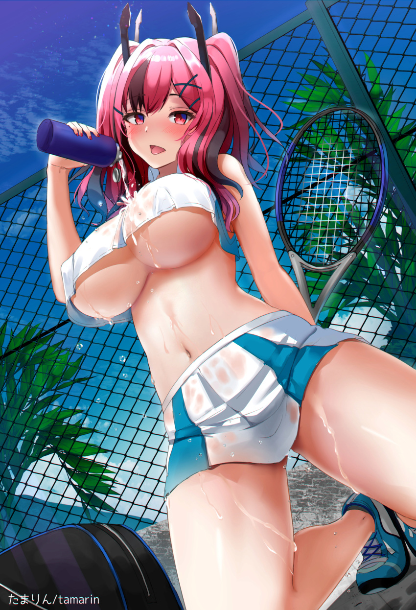 1girl azur_lane bottle breasts bremerton_(azur_lane) bremerton_(scorching-hot_training)_(azur_lane) chain-link_fence covered_nipples crop_top crop_top_overhang fence hair_between_eyes hair_ornament heart heart_necklace highres holding_racket kneeling large_breasts multicolored_hair pink_eyes pink_hair racket see-through shirt skirt sleeveless sleeveless_shirt sportswear streaked_hair sy_1755 tennis tennis_racket tennis_uniform two-tone_shirt two-tone_skirt underboob water_bottle wet wet_clothes white_skirt x_hair_ornament