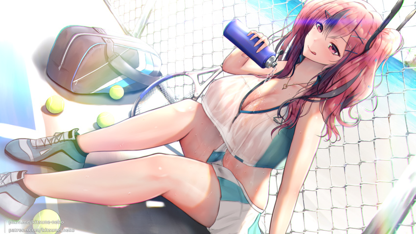 1girl arm_support azur_lane bangs bare_shoulders beach bottle bow breasts bremerton_(azur_lane) bremerton_(scorching-hot_training)_(azur_lane) chain-link_fence collarbone commentary_request crop_top crop_top_overhang dutch_angle fence grey_hair hair_between_eyes hair_bow hair_ornament heart heart_necklace kitsune-neko large_breasts licking_lips miniskirt mole mole_under_eye multicolored_hair pink_eyes pink_hair pleated_skirt pouring_onto_self shirt shoes sidelocks sitting skirt sleeveless sleeveless_shirt sneakers solo sportswear streaked_hair tennis_court tennis_uniform tongue tongue_out twintails two-tone_shirt two-tone_skirt water_bottle white_skirt x_hair_ornament