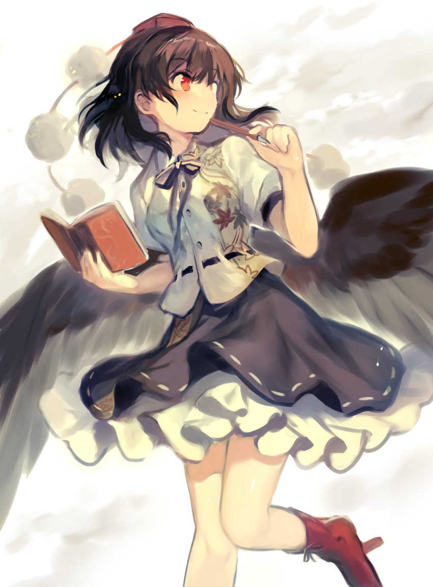 1girl bangs bird_wings black_hair black_neckwear black_ribbon black_skirt black_wings blush calligraphy_brush closed_mouth collared_shirt feathered_wings floating_hair floral_print frilled_skirt frills fuupu geta hands_up hat hauchiwa highres holding holding_brush holding_notebook holding_paintbrush holding_pen leaf leaf_print leg_up looking_to_the_side maple_leaf maple_leaf_print neck_ribbon notebook paintbrush pen pen_to_mouth petticoat pom_pom_(clothes) puffy_short_sleeves puffy_sleeves red_eyes red_footwear ribbon ribbon-trimmed_clothes ribbon_trim shameimaru_aya shirt shoe_ribbon short_sleeves sidelocks skirt smile solo tengu-geta tokin_hat touhou white_shirt wings