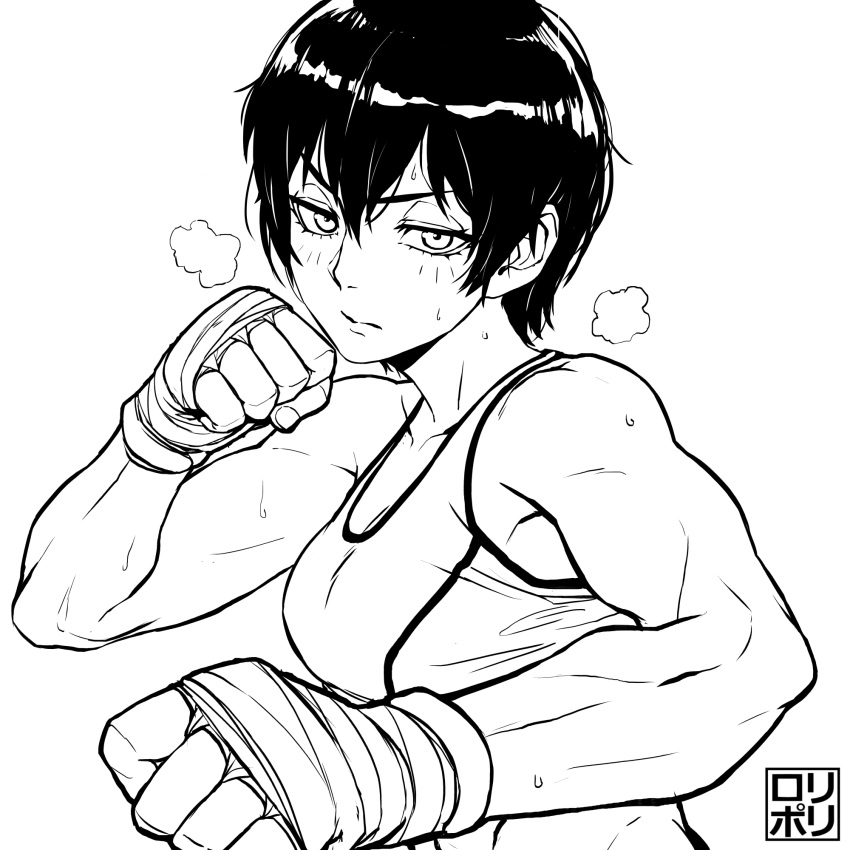1girl breasts cleavage clenched_hands commentary english_commentary fighting_stance hair_between_eyes hand_wraps heavy_breathing high_contrast highres inktober jamrolypoly monochrome muscle muscular_female saotome_senshu_hita_kakusu saotome_yae short_hair solo sports_bra sweat sweating_profusely watermark