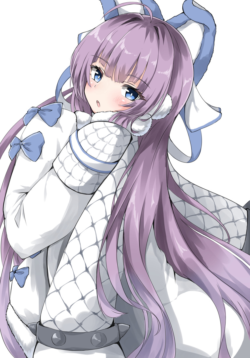 1girl absurdres azur_lane bangs blue_eyes blush brown_outline coat eyebrows_visible_through_hair fur_collar hands_up highres long_hair long_sleeves looking_at_viewer looking_to_the_side moyoron outline parted_lips purple_hair simple_background sleeves_past_fingers sleeves_past_wrists solo spikes tashkent_(azur_lane) very_long_hair white_background white_coat