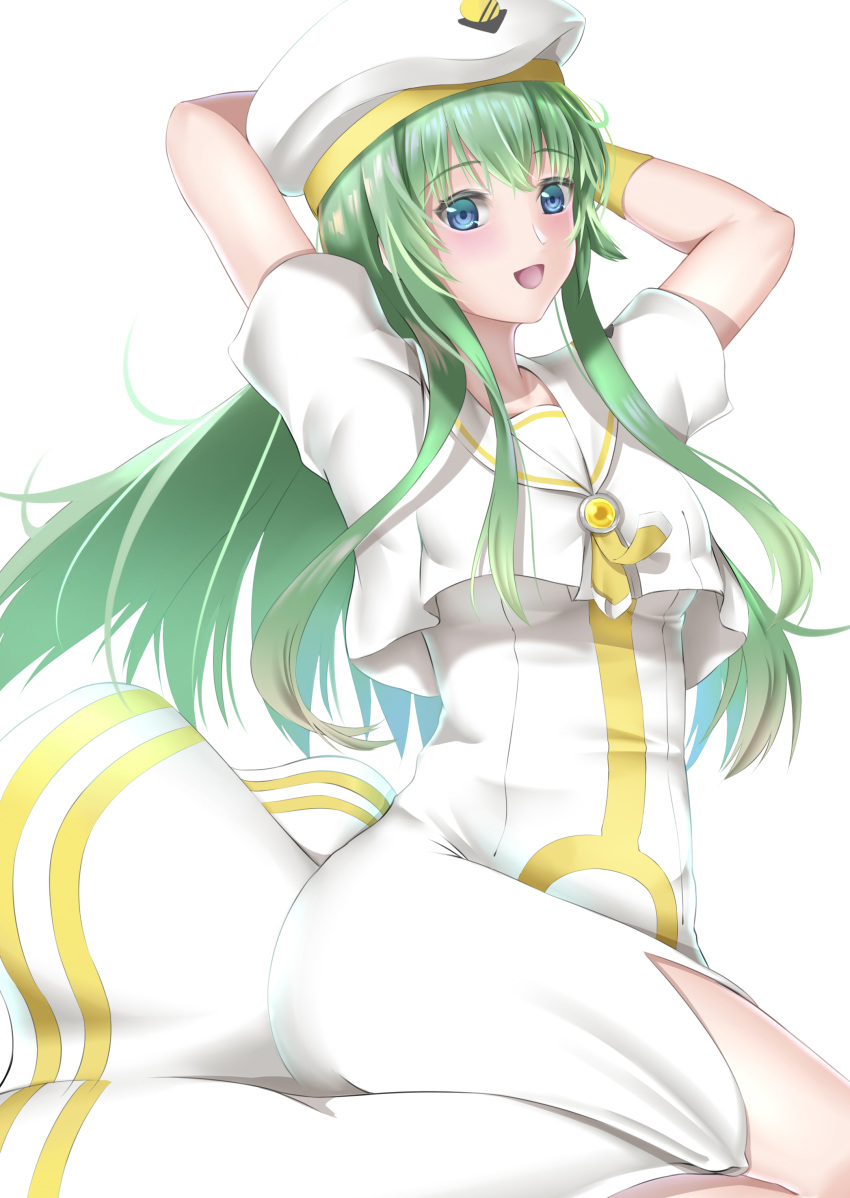 1girl :d absurdres alice_carroll aria arms_up blue_eyes blush dress floating_hair green_hair hands_on_headwear hat highres kamehito long_dress long_hair looking_at_viewer open_mouth shiny shiny_hair short_sleeves side_slit simple_background smile solo straight_hair very_long_hair white_background white_dress white_headwear