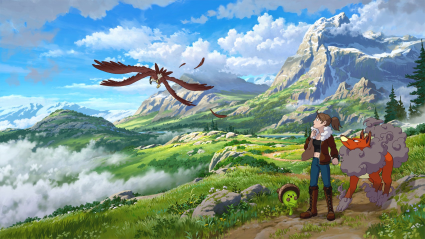 1girl anime_coloring bird blue_pants boots brown_footwear brown_hair brown_jacket chiara_zuliani cloud cloudy_sky commentary creature crop_top cross-laced_footwear day english_commentary fantasy field grass highres jacket kindred_fates knee_boots lace-up_boots landscape long_sleeves lorenzo_lanfranconi mountain official_art open_clothes open_jacket outdoors pants ponytail promotional_art scenery sky tree wide_shot