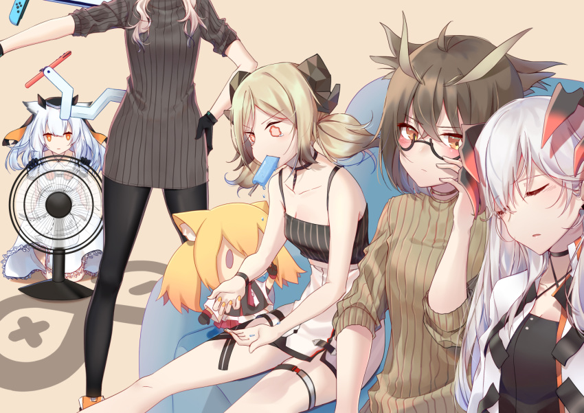 5girls arknights bangs beige_background black-framed_eyewear black_choker black_gloves black_legwear breasts brown_eyes brown_hair brown_sweater camisole character_doll choker cleavage closed_eyes commentary_request couch criss-cross_halter dress electric_fan eyebrows_visible_through_hair feet_out_of_frame food food_in_mouth glasses gloves grey_dress hair_between_eyes halterneck hand_on_hip head_out_of_frame head_tilt horns ifrit_(arknights) jacket joy-con long_hair looking_at_viewer low_twintails mayer_(arknights) mouth_hold multiple_girls nail_polish nintendo_switch open_clothes open_jacket orange_eyes pantyhose pencil_dress pink_eyes pointy_hair popsicle ptilopsis_(arknights) rain_(regen) rhine_lab_logo ribbed_dress ribbed_sweater saria_(arknights) short_hair short_sleeves sidelocks silence_(arknights) silver_hair simple_background sitting sleeping small_breasts sora_(arknights) spaghetti_strap standing sweater sweater_dress tears thigh_strap twintails upper_body white_dress white_jacket wristband yellow_nails