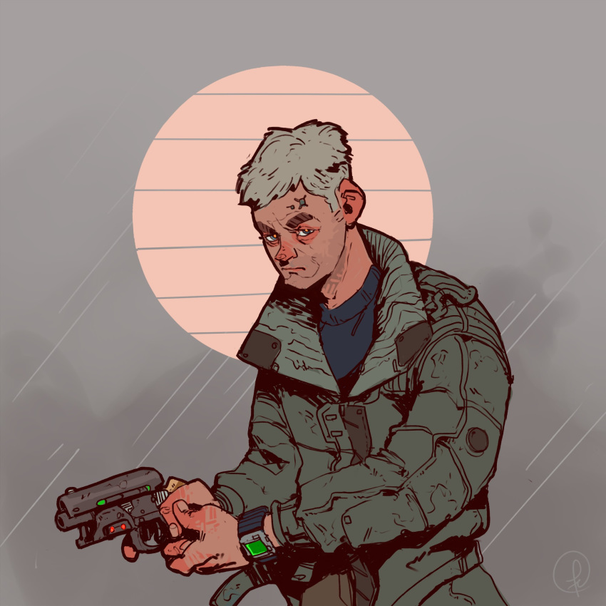 1boy blade_runner circle closed_mouth coat collar cyberpunk fernando_correa future grey_background grey_coat grey_eyes grey_hair gun handgun highres holding holding_gun holding_weapon long_sleeves looking_at_viewer male_focus pistol revolver rick_deckard science_fiction simple_background thick_eyebrows upper_body watch weapon wristwatch