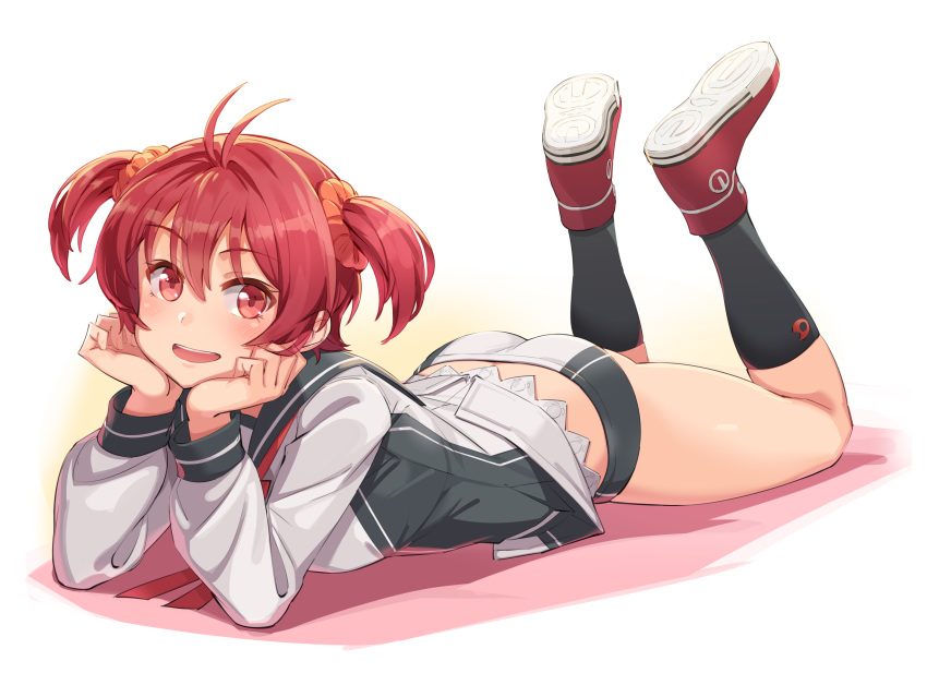 1girl antenna_hair ass black_legwear blush hair_ornament hair_scrunchie hands_on_own_face highres isshiki_akane legs_up long_sleeves looking_at_viewer lying michairu national_shin_ooshima_school_uniform on_stomach red_eyes red_hair school_uniform scrunchie shoes short_shorts short_twintails shorts simple_background smile socks solo twintails vividred_operation white_background