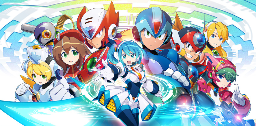 4boys 5girls alia_(rockman) ammunition axl cannon cinnamon gun hat helmet highres iris_(rockman_x) marino multiple_boys multiple_girls navigator nurse_cap official_art rico_(rockman) rockman rockman_x rockman_x_command_mission rockman_x_dive side_ponytail smile vava weapon x_(rockman) zero_(rockman)