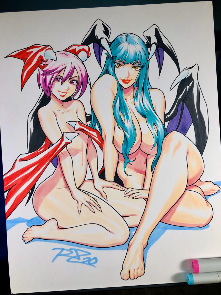 2girls bat_wings breasts commentary convenient_censoring demon_girl english_commentary eyeshadow flat_chest green_hair grin hair_censor hands_on_own_thighs head_wings highres large_breasts lilith_aensland lips lipstick looking_at_viewer low_wings makeup marker_(medium) morrigan_aensland multiple_girls navel nude orange_eyes pale_skin photo purple_eyes purple_hair robert_porter seiza short_hair siblings signature sisters sitting slit_pupils smile succubus thick_thighs thighs toes traditional_media vampire_(game) wing_censor wings