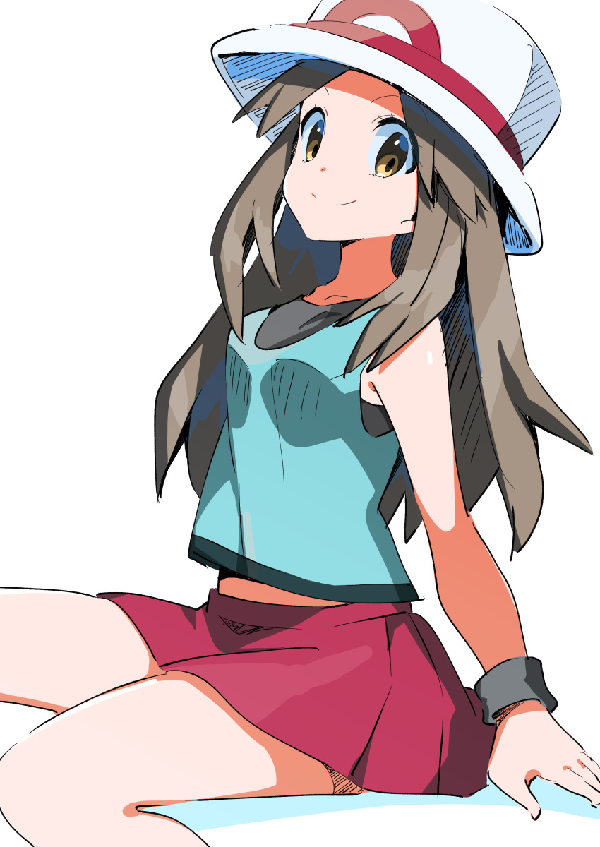 1girl absurdres blue_(pokemon) blue_shirt brown_eyes brown_hair closed_mouth collarbone hat highres long_hair looking_at_viewer miniskirt pleated_skirt pokemon pokemon_(game) pokemon_frlg red_skirt shiny shiny_hair shirt simple_background sitting skirt sleeveless sleeveless_shirt smile solo straight_hair very_long_hair white_background white_headwear wristband yuihiko