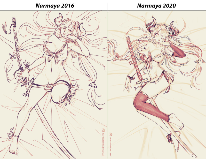 1girl 2016 2020 ankle_ribbon artist_progress barefoot bbc-chan before_and_after bra breasts character_name commentary comparison dakimakura draph english_commentary english_text finger_in_mouth granblue_fantasy hair_over_one_eye highres horns large_breasts long_hair low_tied_hair lying monochrome narmaya_(granblue_fantasy) navel nipple_slip nipples on_back ootachi panties panty_pull pointy_ears pussy_peek revision ribbon side-tie_panties single_sleeve single_thighhigh sketch solo thighhighs toes unaligned_breasts underwear underwear_only