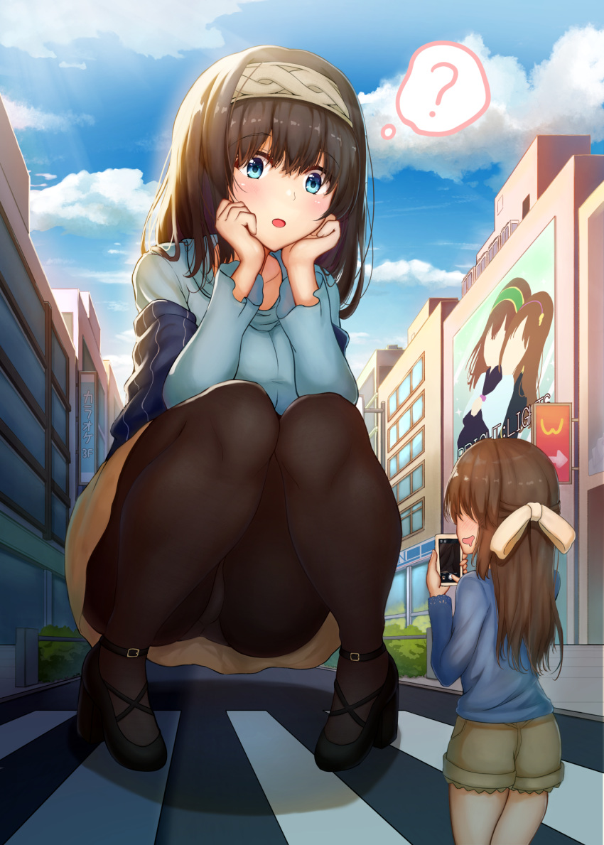 2girls :d =d ? aiban bangs beige_bow black_footwear black_hair black_legwear blue_eyes blue_shirt blue_sky blush bow brown_hair brown_shorts building bush cellphone cellphone_camera cloud collarbone crosswalk drooling eyebrows_visible_through_hair giantess hair_bow hairband hand_on_own_face high_heels highres idolmaster idolmaster_cinderella_girls long_hair long_sleeves multiple_girls open_mouth outdoors panties panties_under_pantyhose pantyhose pantyshot pantyshot_(squatting) phone road sagisawa_fumika scarf shirt shorts skirt sky smile speech_bubble squatting street tachibana_arisu underwear yellow_skirt