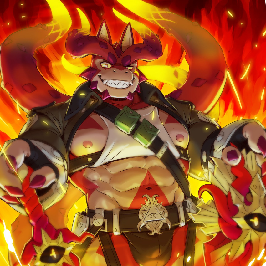 1:1 2020 abs anthro belt claws cthugha hi_res horn jacketbear looking_at_viewer male melee_weapon muscular muscular_male nipples pecs solo sword teeth tokyo_afterschool_summoners video_games weapon