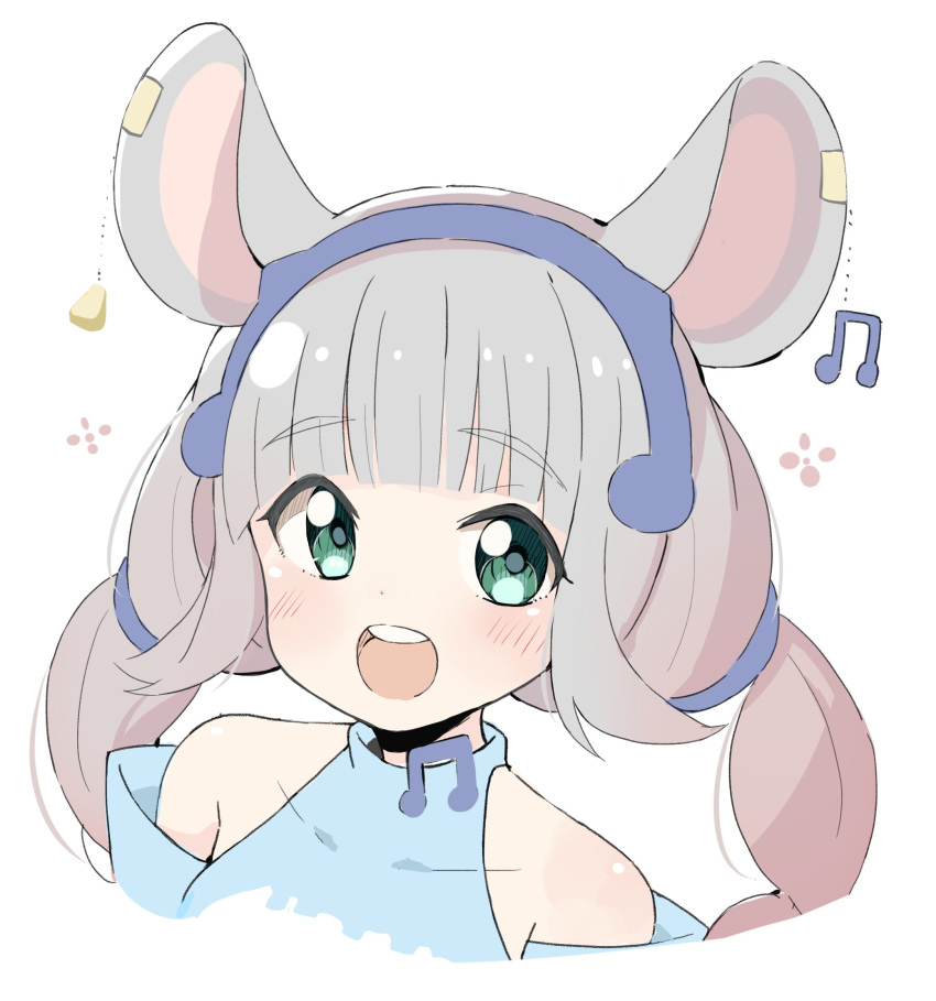 1girl :d animal_ears bangs beamed_eighth_notes blue_shirt blush collarbone commentary_request covered_collarbone cropped_torso ear_piercing eyebrows_visible_through_hair green_eyes grey_hair hatsuka_chiyu highres long_hair looking_at_viewer mouse_ears musical_note okota_mikan open_mouth original piercing round_teeth shirt sidelocks simple_background sleeveless sleeveless_shirt smile solo teeth twintails upper_body upper_teeth virtual_youtuber white_background