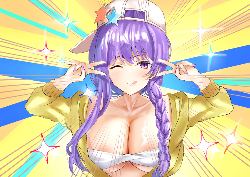 1girl absurdres asymmetrical_hair backwards_hat bangs bare_shoulders baseball_cap bb_(fate)_(all) bb_(swimsuit_mooncancer)_(fate) blush braid breasts cleavage closed_mouth collarbone cropped_jacket double_v emotional_engine_-_full_drive fate/grand_order fate_(series) hair_over_shoulder hands_up hat highres horin jacket large_breasts licking_lips long_hair long_sleeves looking_at_viewer one_eye_closed parody purple_eyes purple_hair single_braid smile solo sparkle sunburst sunburst_background tongue tongue_out v very_long_hair white_bikini_top white_headwear yellow_background yellow_jacket