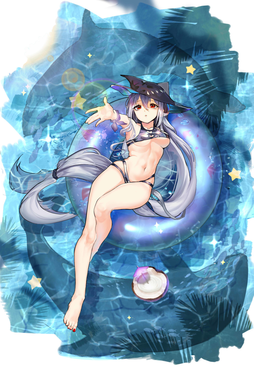 1girl absurdres alternate_costume arknights bare_legs barefoot bikini black_bikini black_headwear breasts cleavage cocktail_umbrella coconut directional_arrow fish full_body hair_between_eyes hat highres innertube lens_flare long_hair looking_at_viewer low-tied_long_hair lying medium_breasts moyamoya_(moya11158375) navel on_back orca outstretched_hand parted_lips red_eyes red_nails ribbon shadow silver_hair skadi_(arknights) solo star swimsuit thighs toenail_polish toned underboob water wrist_ribbon