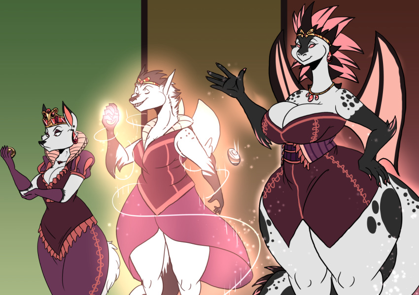 anthro big_breasts breast_expansion breasts canid canine claws cleavage clothed clothing crown dragon dragon_wings dress ear_piercing ear_ring female fox gloves grin growth handwear horn huge_breasts jewelry mammal nakhta necklace piercing pink_sclera queen royalty sharp_teeth smile solo species_transformation spikes teeth the_pirate's_fate thick_thighs transformation volkenfox wings