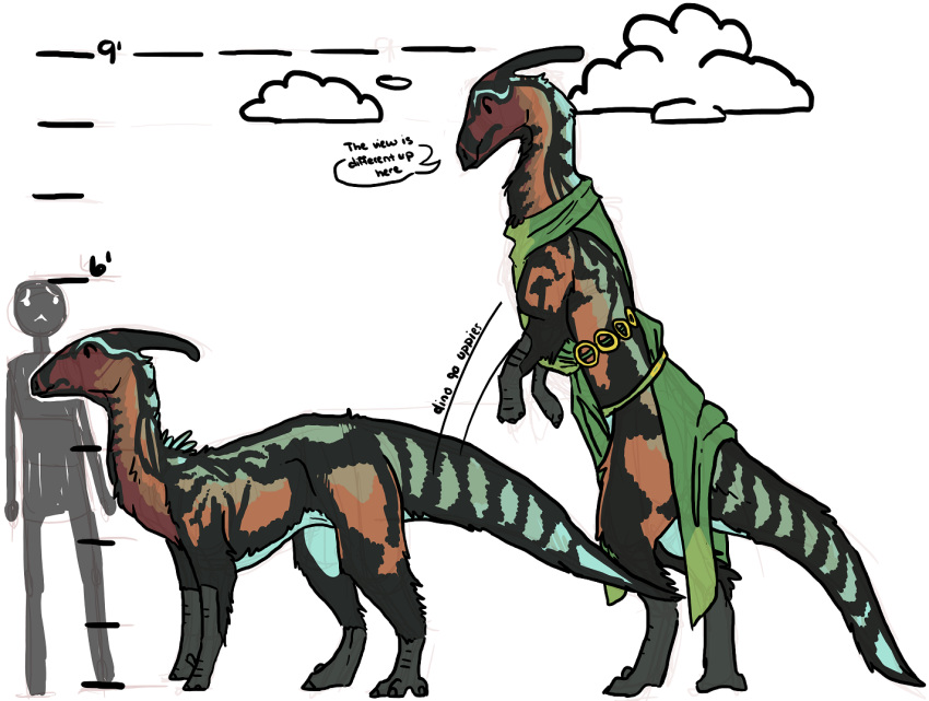 all_fours arco_(drawindonkey) biped clothed clothed_feral clothing comparing dinosaur drawindonkey feral fur hadrosaurid male multicolored_body multicolored_fur ornithischian parasaurolophus rainbow_body rainbow_fur rearing_up reference_guide reptile scalie simple_background size_difference solo white_background