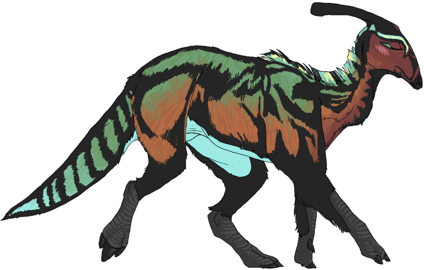 arco_(drawindonkey) blush dinosaur drawindonkey feral fur hadrosaurid male multicolored_body multicolored_fur ornithischian parasaurolophus prancing rainbow_body rainbow_fur reptile scalie simple_background solo white_background