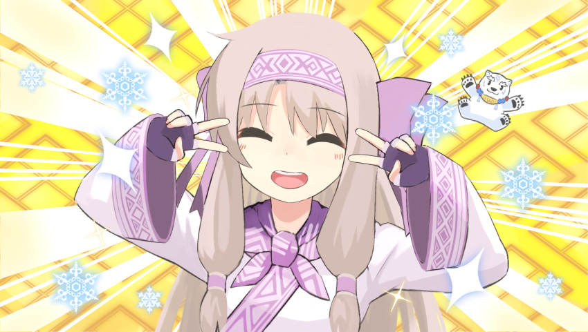 1girl ainu_clothes bangs bear blush bow breasts chibi closed_eyes double_v emotional_engine_-_full_drive fate/grand_order fate_(series) fingerless_gloves gloves hair_between_eyes hair_tubes hairband hands_up light_brown_hair long_hair long_sleeves looking_at_viewer open_mouth parody polar_bear purple_bow purple_gloves purple_hairband purple_scarf scarf shirou_(fate/grand_order) sidelocks sitonai small_breasts smile snowflakes sparkle suezu1022 sunburst sunburst_background v wide_sleeves yellow_background