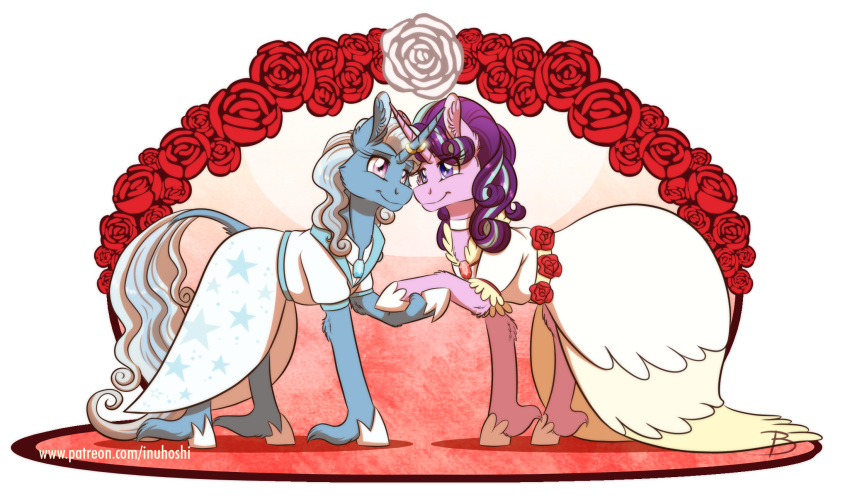 2020 alpha_channel clothed clothed_feral clothing dress equid female female/female feral flower friendship_is_magic gold_(metal) hand_holding hi_res hooves horn horns_touching inuhoshi-to-darkpen mammal my_little_pony plant ring rose_(disambiguation) rose_(flower) simple_background smile starlight_glimmer_(mlp) transparent_background trixie_(mlp) unicorn wedding wedding_dress